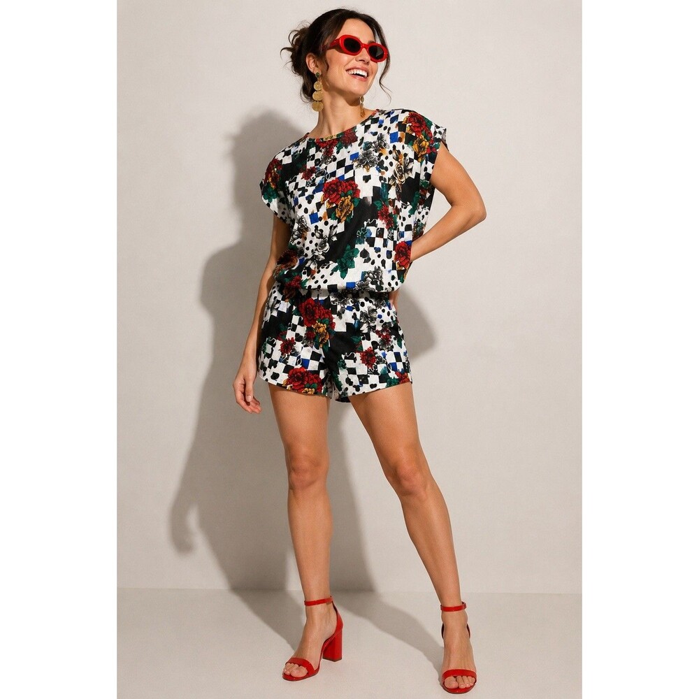 90s Handmade 2 Piece Matching Set Floral Checkerboard Blouse Shorts M Dopamine